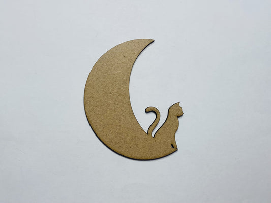 Laser Cut Unfinished Wooden Cat In Moon Cutout  76mm high