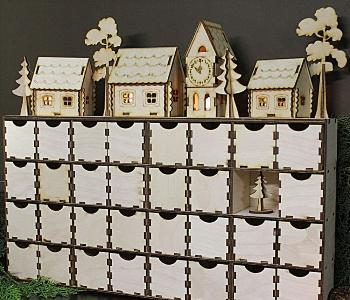 Laser Cut Wooden Advent Calendars with houses on top h255 x w507 x d100