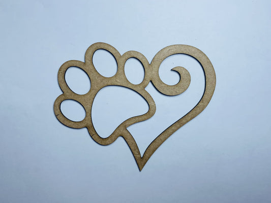 Laser Cut Pawprint Heart Wood Cutout 76mm